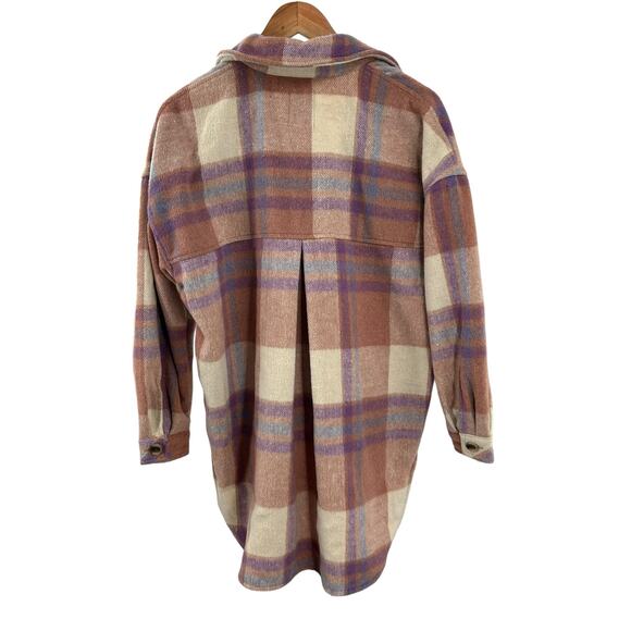 SO Plaid Oversized high low length Jacket shirt . Size small Blush Multicolor - Picture 7 of 12